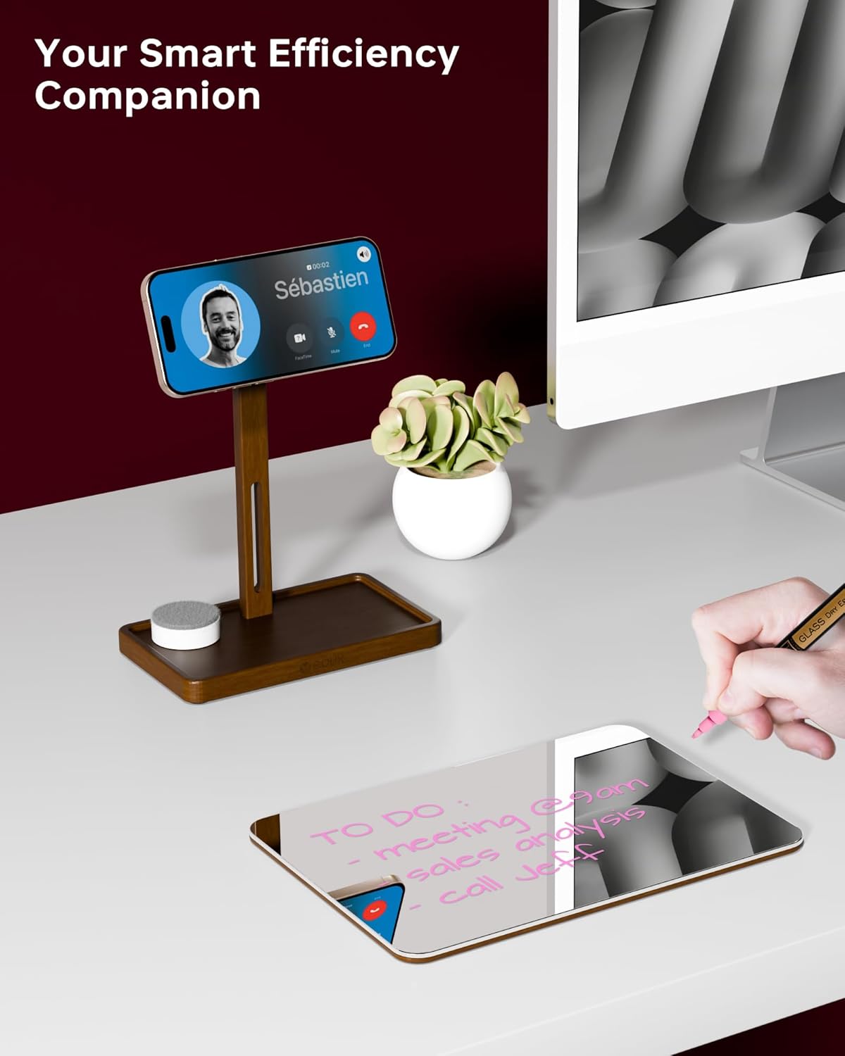 YEOUX Premium Desktop Glass Mirror, Dry Erase Board & Magnetic Phone Stand 3-in-1 | 360° Adjustable | Solid Wood | MagSafe Compatible, Small Whiteboard for Office Home Desk