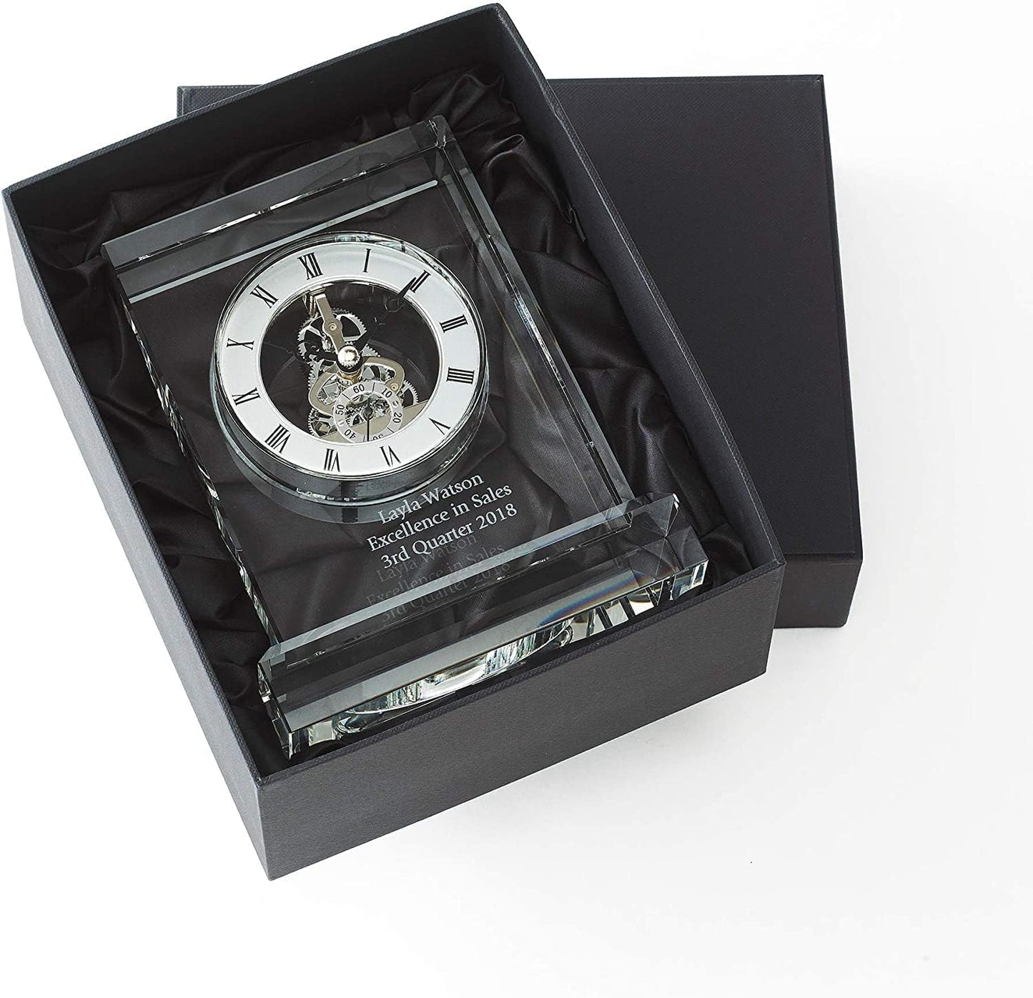 Baudville Engraved 7" Clock Trophy - Clear Crystal with Silver Accents - Silver Inset Time Piece - Personalized Engraving Up to Three Lines and Pre-Written Verse Selection