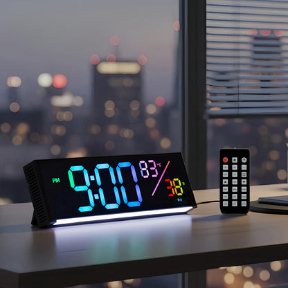 11-Inch LED Digital Wall Clock with RGB Flowing Light, Seconds, Date, Time, Temperature｜ Clear Large Numbers, Dual Alarm Settings, Remote Controlled ｜ Stylish Modern Clock for Living Room, Bedroom