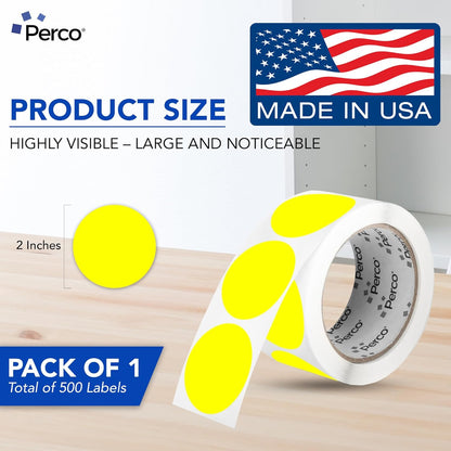 Perco Fluorescent Yellow 2-Inch Round Sticker Labels with Easy Peel Perforation - 500 Labels per Roll - Strong Adhesion, Vibrant Colors for Organizing, Crafting & More - Made in USA