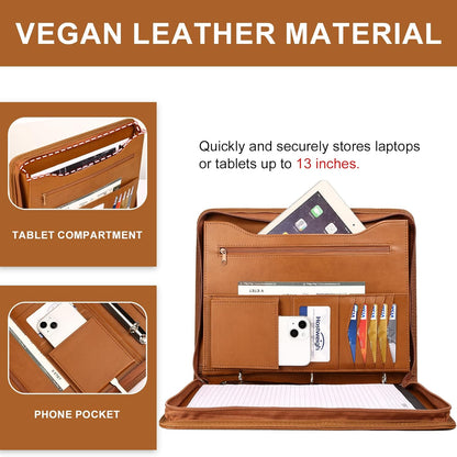 Leathario Portfolio Binder, Includes 10 Sheet Protectors and 3 Notepads, 3-Ring Folder Organizer, A4 Padfolio with Zipper, Vegan Leather Tablet Sleeve, Business Office Conference Clipboards