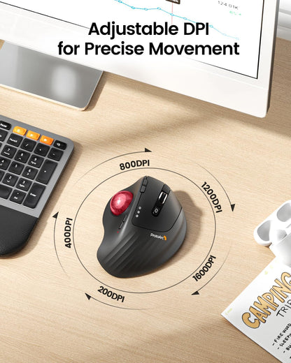 ProtoArc Wireless Trackball Mouse, EM01 NL Ergonomic Bluetooth Rollerball Thumb Rechargeable Computer Laptop Mouse, Adjustable Angle & 3 Device Connection for PC, Mac, Windows-Red Ball