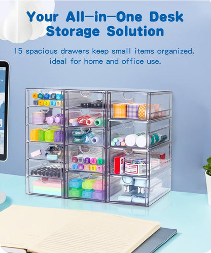 Clear Acrylic Organizer with Drawers | 15-Drawer Desktop Unit | Makeup & Desk Organization and Storage Box for Office, Craft, Vanity Table, Bathroom, Home Essentials