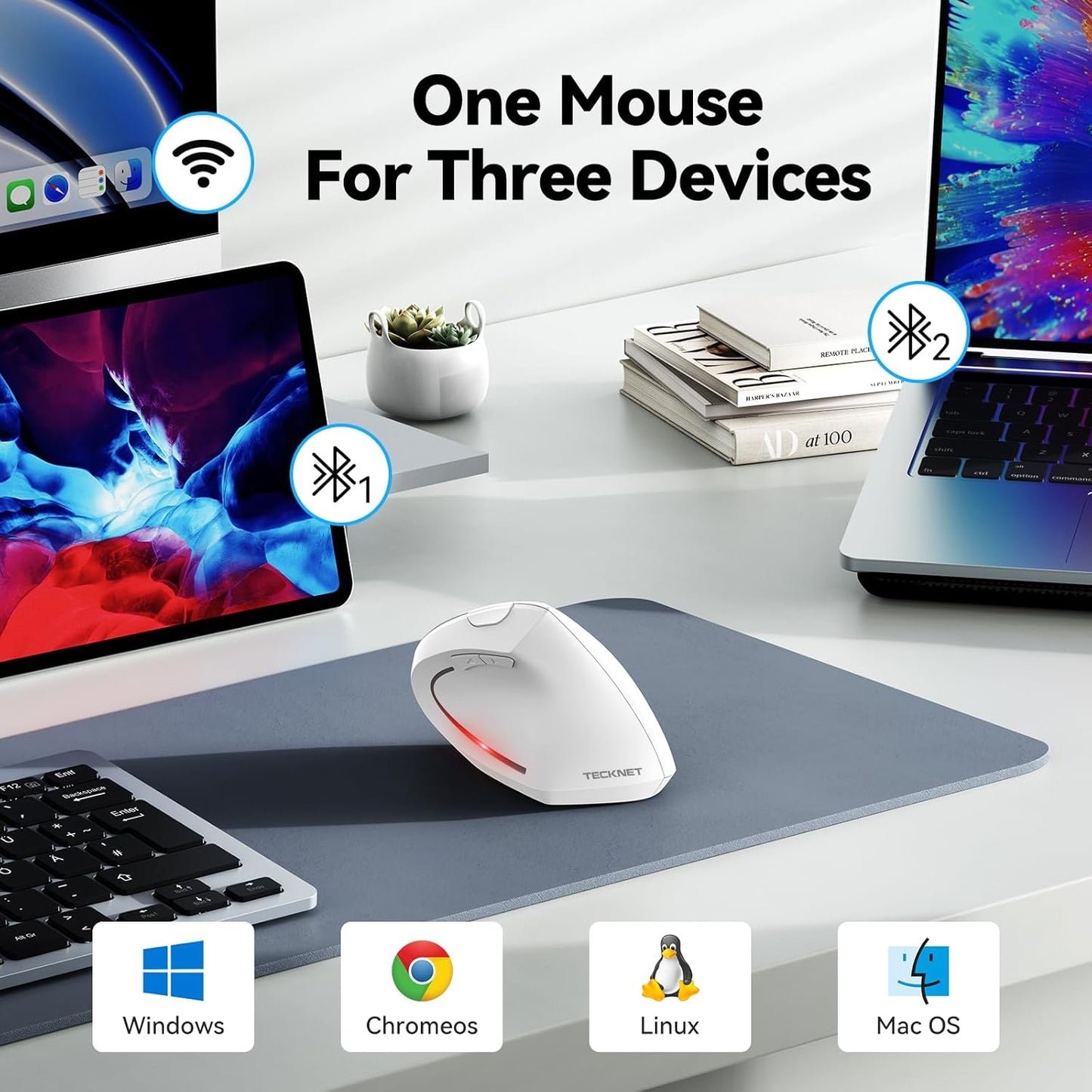 TECKNET Ergonomic Mouse, Wireless Bluetooth Vertical Mouse, 4800 DPI Optical Tracking, 6 Adjustable DPI, Quiet Clicks, 2.4GHz with USB A Receiver, 12 Months Battery, 6 Buttons, Wide Compatibility