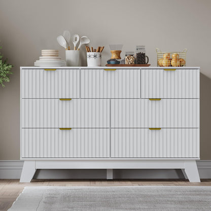 Fluted 7 Drawer Dresser, 47.2" Wide Modern Boho Chest of Drawers, Wooden Storage Dresser TV Stand for Bedroom, Living Room, Closet, Hallway, Curved Profile Design