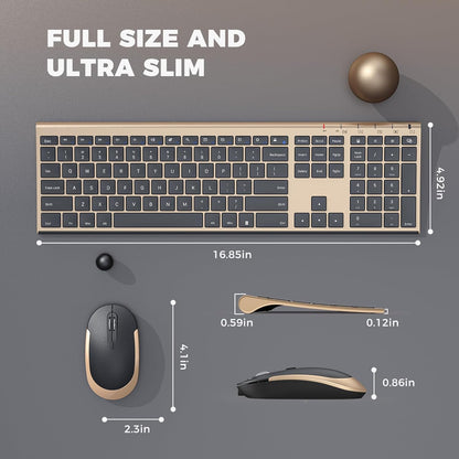 Wireless Keyboard and Mouse, Vssoplor 2.4GHz Rechargeable Compact Quiet Full-Size Keyboard and Mouse Combo with Nano USB Receiver for Windows, Laptop, PC, Notebook-Black Gold