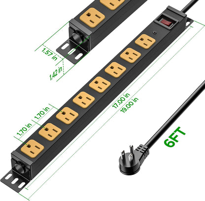 CRST 8 Outlet Metal Heavy Duty Power Strip, 2100 Joules Mountable Surge Protector Power Strip, Slim Power Bar with 6ft 14AWG Cord, ETL Listed