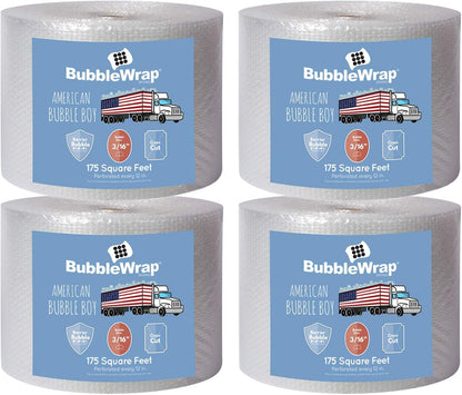 4 large rolls of Bubble Wrap total 700 feet, small bubble wrap 3/16 cushioning, 700 ft, heavy duty, perforated Every 12" Made in the USA by American Bubble Boy, bulk bubble wrap for moving, shipping