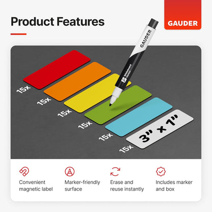 GAUDER Magnetic Labels Writable - Reusable Magnet Tags for Whiteboard, Chalkboard, Kanban Board and Refrigerator - Magnet Cards with Marker (90 Pack - 3 x 1 Inches)