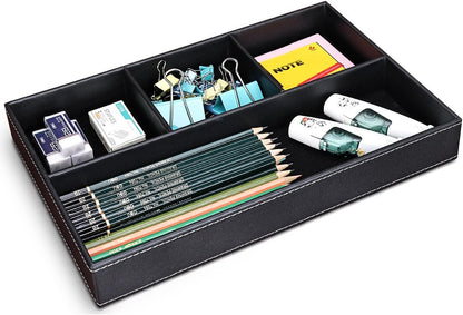 KINGFOM Pu Leather Desk Organizer Tray, 4 Compartment Office Storage Supplies Stationery Drawer Tray, Nightstand Bedside Tray for Key, Wallet, Sunglass, Watch, Coin, Phone Valet Tray Stackable Black