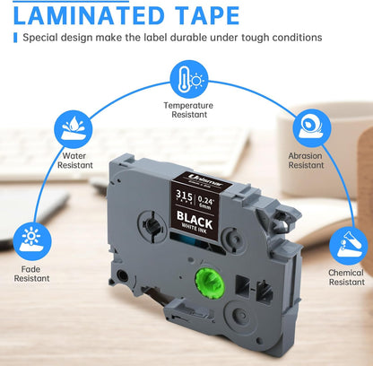 Unismar Compatible for Brother 6mm White on Black Label Maker Tape TZe-315 TZ315 TZe 6mm 0.23 Black Tape Work for PTD220 PTD200 PTD210 PTD600 PTD400 PTH100 PTH110 PT1280 PT1890, 1/4'' x 26.2', 4-Pack