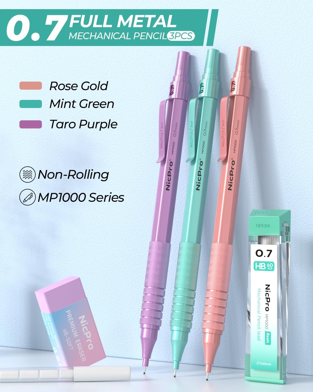 Nicpro 0.7 mm Metal Mechanical Pencil Set, 3PCS MP1000 Artist Lead Pencils With 480PCS HB 2B Lead Refills, Erasers, Pastel Aesthetic Mechanical Pencils for School Supplies Writing Drawing Sketching