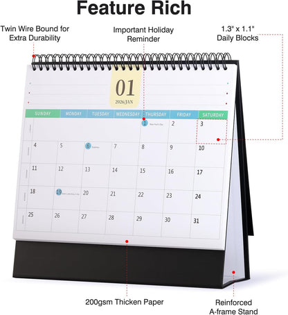 Desk Calendar 2026-2027, 2 Years Calendar Runs from Jan. 2026 until Dec 2027, Table Monthly Planner with Stickers for Home,Office,School Organization(L-Pink+Black,9.8" x 9.6")