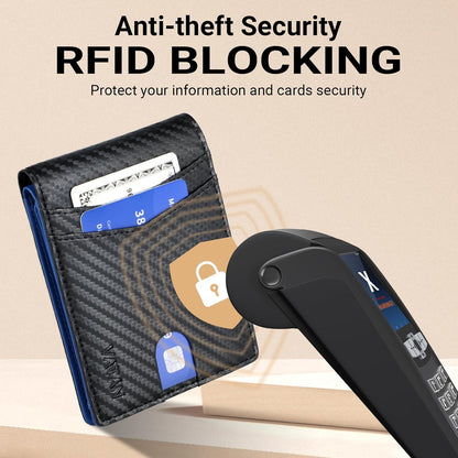 VATAN Wallet for Men, Mens Minimalist Wallet Credit Card Holder, Slim Leather Rfid 2 ID Window Large Capacity With Gift Box (Carbon Black and Blue)