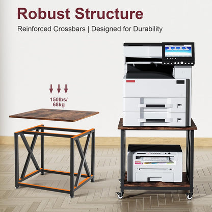 2-Tier Large Printer Stand with Storage Shelf, 23.6 x 23.6 Inches Printer Table, 2-Tier Rolling Cart with Industrial Wheels for Home Office, Mini Fridge, Laser, 3D Printer (Rustic Brown)