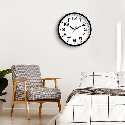 Wall Clock 10 Inch Silent Non-Ticking Modern Clock Battery Operated Classic Simple Minimalist Analog Decorative for Kitchen, Living Room,Office, Bedroom, Bathroom (Black)