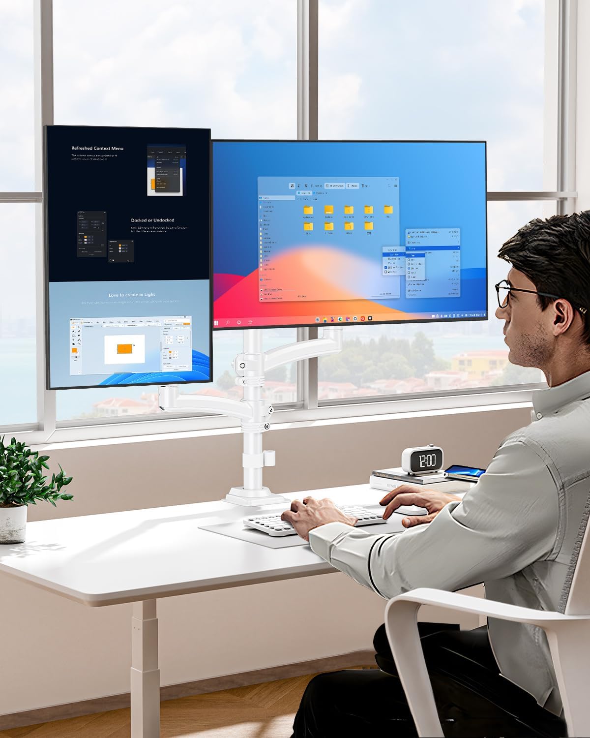 Dual Monitor Stand for Desk, Taller Monitor Arms for 2 Screens up to 32 inch, Ergonomic Adjustable Gas Spring Double Computer Monitor Mount, Holds 4.4-22lbs, VESA 75/100mm, White, Freelift