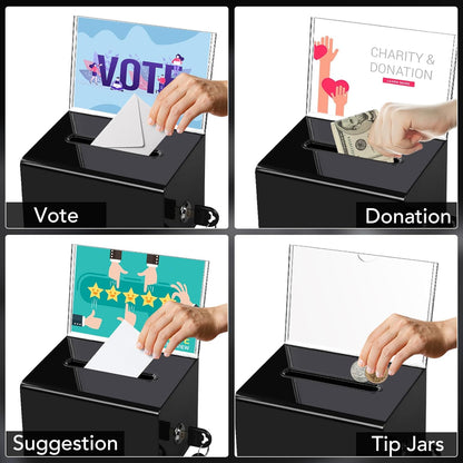 VOISEN Acrylic Donation Box with Lock, 3 Pack Black Ballot Box with Sign Holder, Tip Jar for Fundraising, Donation, Bar, School Voting, 6.2x4.6x3.9 Inch