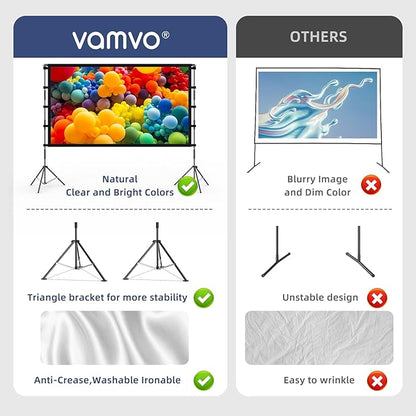 Projector Screen Outdoor, Vamvo Projector Screen with Stand Portable 150" Foldable ProjectorScreen, 10 Feet Indoor Movie-Screen with Carrying Bag for Home Theater Backyard Movie Night