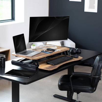VIVO 32 inch Desk Converter, K Series, Height Adjustable Sit to Stand Riser, Dual Monitor and Laptop Workstation with Wide Keyboard Tray, Reclaimed Wood Top, Black Frame, DESK-V000KP
