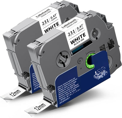 TZe-2312PK Tape 12mm 0.47" Label Maker Tape Laminated Black on White 1/2 Inch Replacement for TZe-231 TZe231 TZ-231 Label Tape Refills for PT-H110 D210 D220 D400 D600 PT-H103W, 2-Pack
