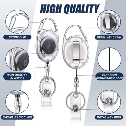 100 Pack Retractable Badge Reels Bulk Heavy Duty Badge Reel Holders with Carabiner Belt Clip and Keychain for Lanyard Card Nurse School Office Employee (Clear White)