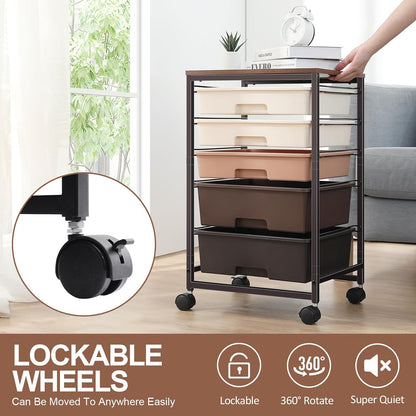 Utility Cart with 5 Drawers,Storage Drawer Cart with Wooden Tabletop and Lockable Wheels,Craft Storage Trolley Cart,5-Tier Rolling Utility Cart on Wheels,Dark Brown