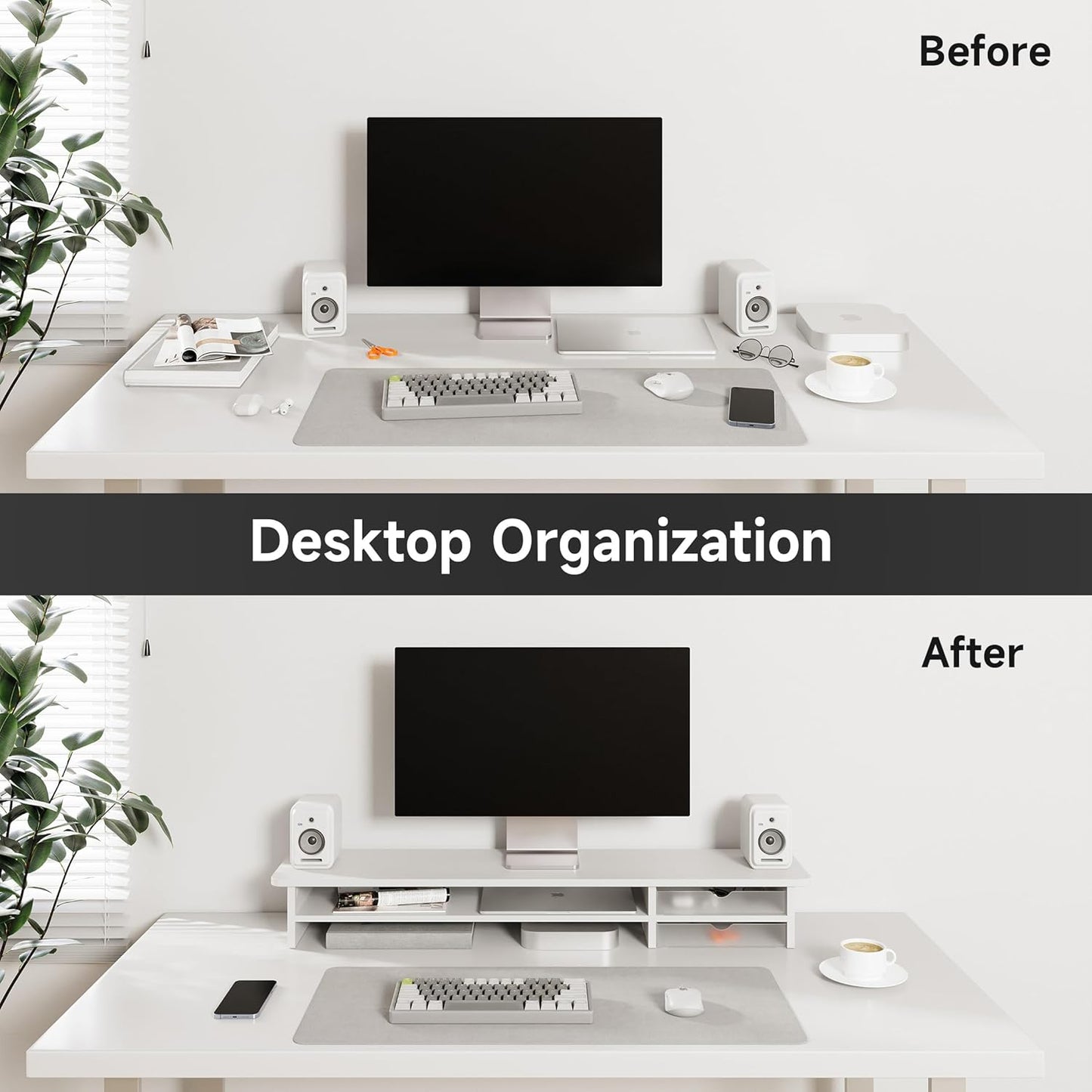 Fenge Monitor Stand, Dual Monitor Riser, 42.5inch Large Desk Computer Monitor Stand Riser with Drawer, 2 Tier Wood & Acrylic Desktop Organizer for Computer, Laptop, Printer, TV Screen Riser