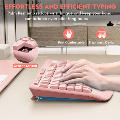 Wireless Keyboard and Mouse Combo, E-YOOSO 2.4GHz Full Sized Ergonomic Wireless Keyboard with Wrist Rest, 3 DPI Adjustable and 6 Buttons Cordless USB Mouse for Computer, Laptop, PC, Windows (Pink)