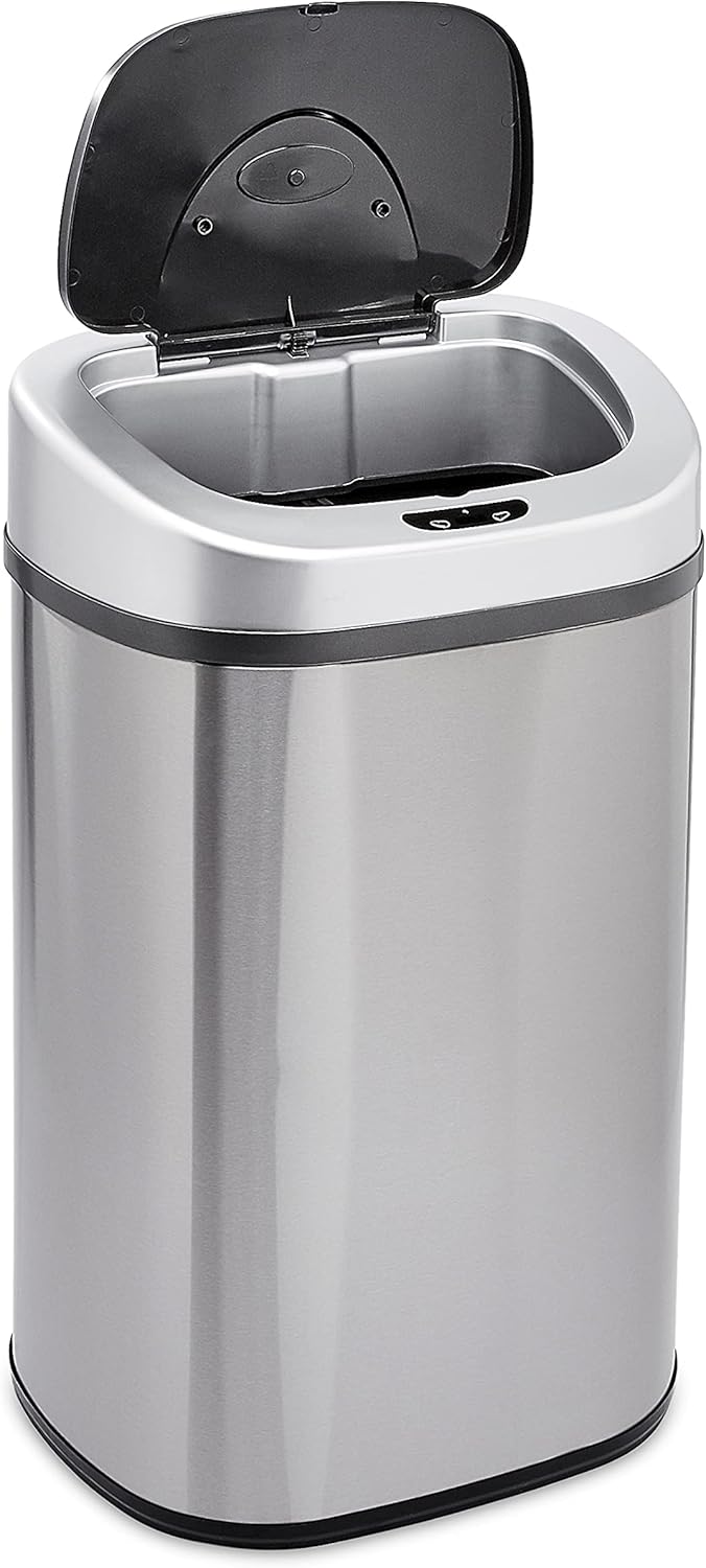 Amazon Basics Automatic Trash Can with Lid, Hands-Free, Stainless Steel, D-Shaped 80 l, 2 Bins