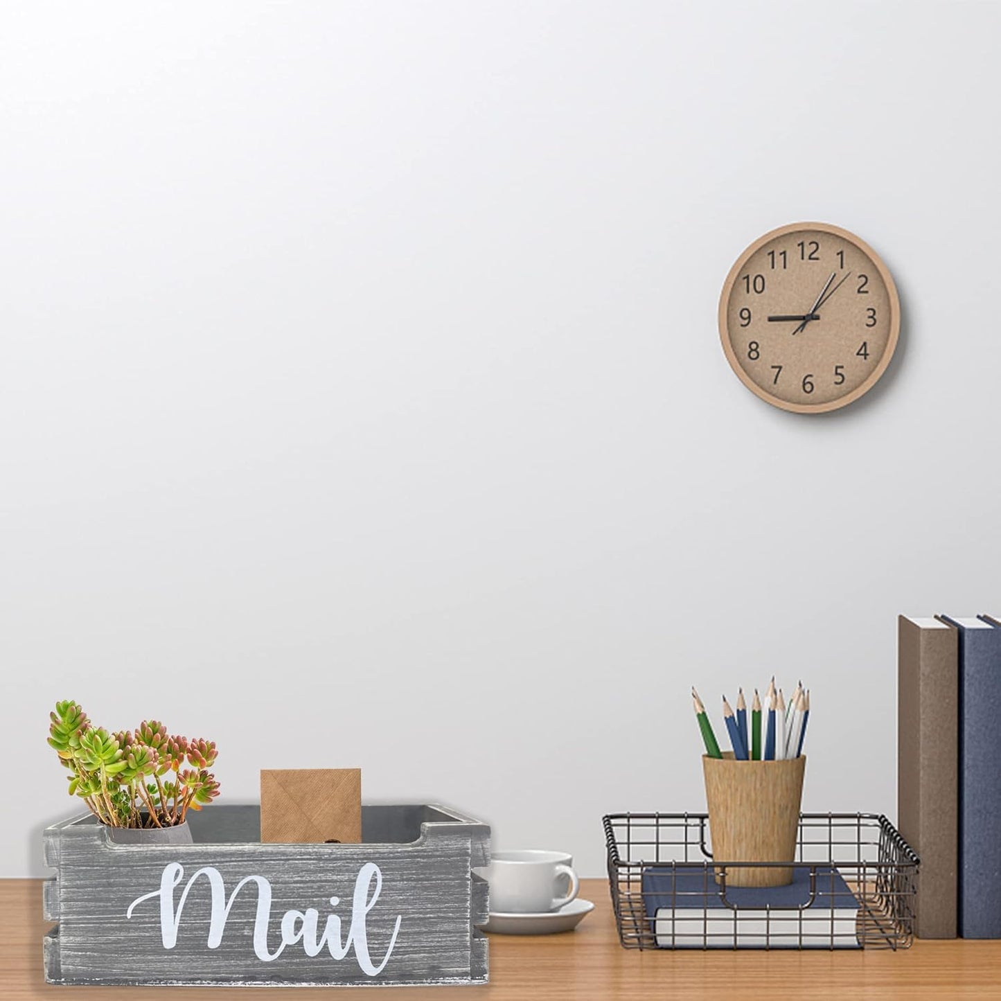 Mail Organizer Mail Holder Countertop, Wood Mail Basket for Wall Table Desk, Envelope Bill Holder for Home Office Decor (Grey)