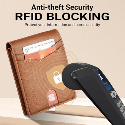 VATAN Wallet for Men, Mens Minimalist Wallet Credit Card Holder, Slim Leather Rfid 2 ID Window Large Capacity With Gift Box (Cross Grain Brown)