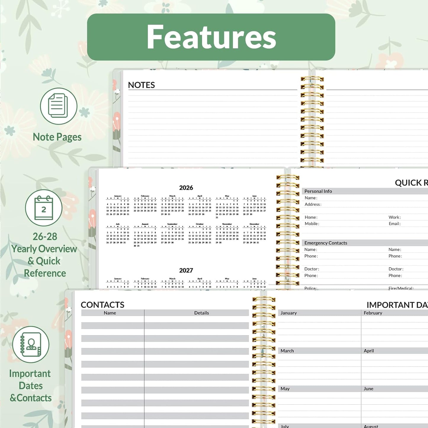 SUNEE 2026 Weekly and Monthly Planner - from January 2026 - December 2026, 8.5"x11" Daily Agenda Planner with Monthly Tab, Flexible Cover, Note Pages, Pockets, Bookmark, Green Wildflowers