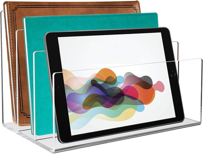 Tasybox Acrylic File Holder, Clear File Sorter Desk File Organizer 3 Sections Office Desktop Rack 9" x 6.5" x 6.5"