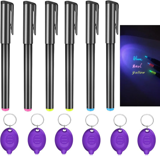 Invisible Ink Pen, Spy Pen with 6 PCS Mini UV LED Keychain Flashlight, Disappearing Ink Magic Pens with Black Light Markers for Secret Notes, Fit for Christmas Halloween Holiday Gifts (6 PCS)