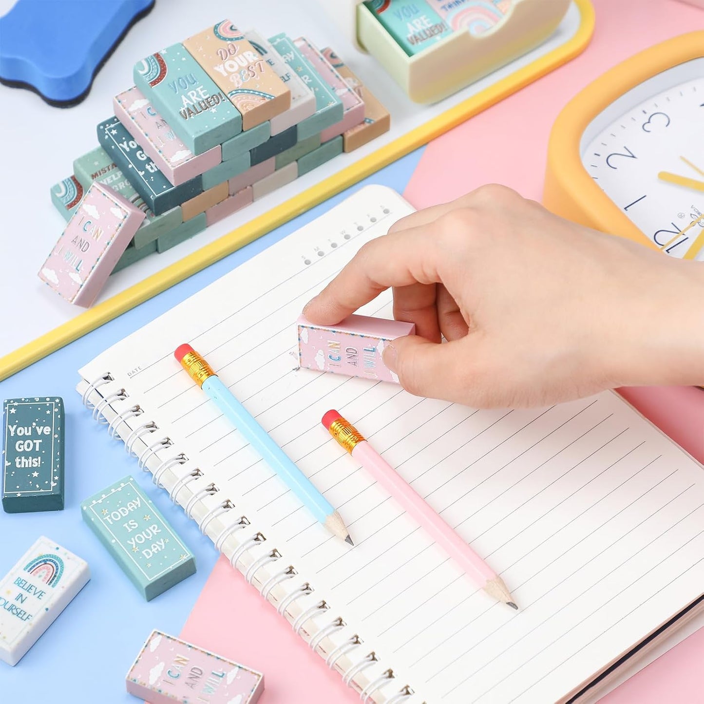 200 Pcs Back to School Inspirational Erasers Bulk Gifts Boho Everyone is Welcome Classroom Decor Fun Rainbow Motivational Pencil Erasers for Classroom Office Teacher Artists Prize Reward