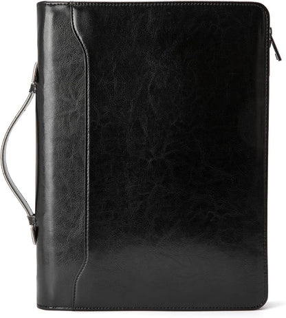 Vegan Leather Portfolio with Hidden Handle, Front Pocket, Business Padfolio Tablet/13” Laptop Organizer, Folio Document Cell Phone Holder, Professional Executive Folder, Black