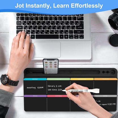 Desktop Glass Whiteboard with Storage, Colorful Weekly Calendar Desk Dry Erase White Board, Desk Organizers and Accessories, Weekly Planner with Notes for List, Planning, Memo, Office, Home, School