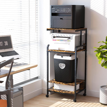 4 Tier Printer Stand with Storage Shelf, Large Tall Printer Cart with Wheels, Mobile Printer Table for Home Office, Adjustable Stands for Heat Press Scanner Fax (Brown)