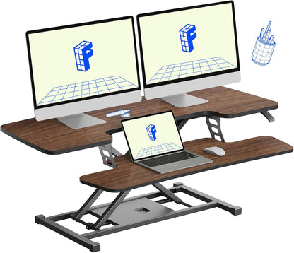 FLXISPOT 42" Standing Desk Converter Sit to Stand up Riser Height Adjustable Monitor and Laptop Workstation with Spacious 2-Tier Desktop, Walnut Color
