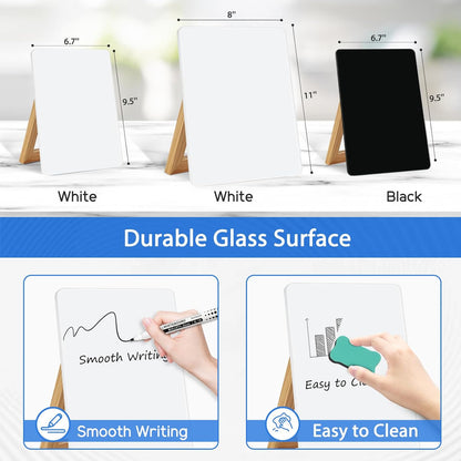 WALGLASS Desktop Glass White Board 11"x 8" with Reversible Wood Stand, Small Dry Erase Board, Portable Whiteboard for Desk, Reusable Desk Notepad with 2 Markers&Eraser for Home, Office