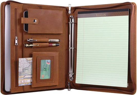 Professional Leather Business Padfolio Portfolio Case, 3 Ring Binder,Zippered Business Document Organizer Tablet Holder Folder Case,with Letter Size Notepad (Brown Upgraded version)
