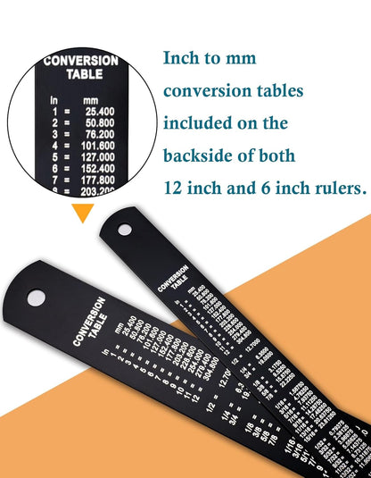 Metal Ruler Kit 12 Inch and 6 Inch, Stainless Steel Rulers with Centimeters, Millimeters, Inches and Conversion Table for Office and School, Easy to Read Metric Rule Set, 2 Pack