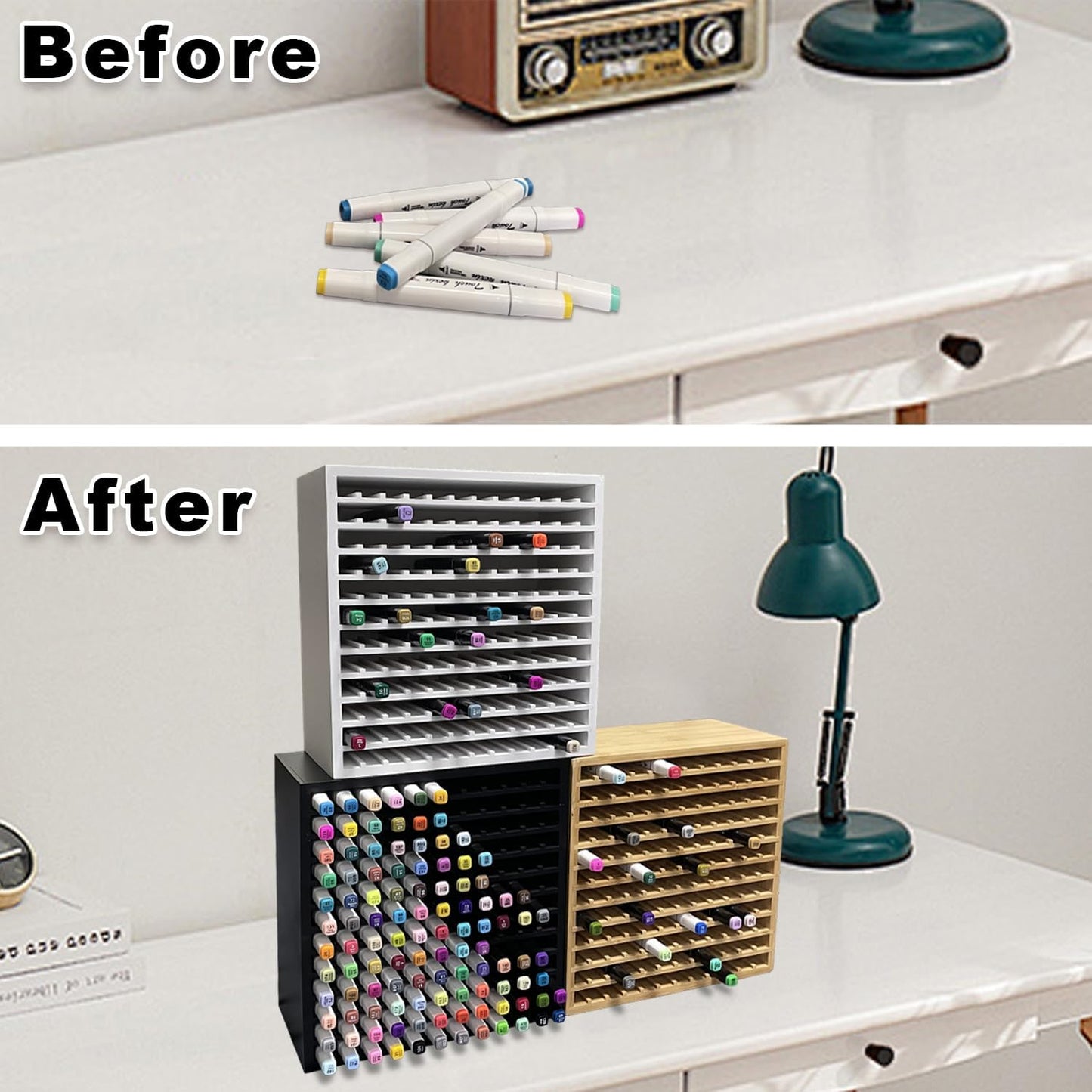 MinBoo Bamboo Marker Organizer Wooden Art Supply Storage Organizer Rack Art Markers Pens Colored Pencils Paint Brushes Stationary Organizer Holder (Black, Rack for 144 Markers)