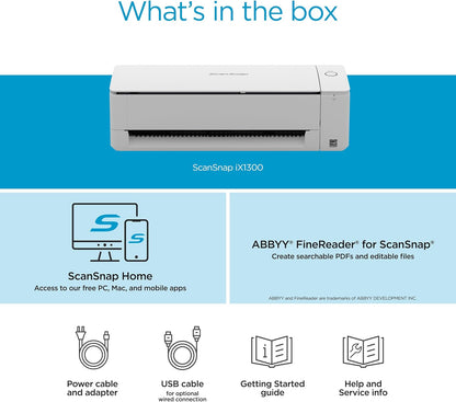 ScanSnap iX1300 Compact Wireless or USB Double-Sided Color Document, Photo & Receipt Scanner with Auto Document Feeder and Manual Feeder for Mac or PC, White