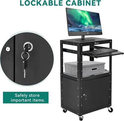 YITAHOME Steel AV Cart with Locking Cabinet, Metal Presentation Cart with Keyboard Tray, Rolling Media Cart with Wheels & Power 16.4ft Extra-Long Cord for Computer Laptop Projector Printer Black