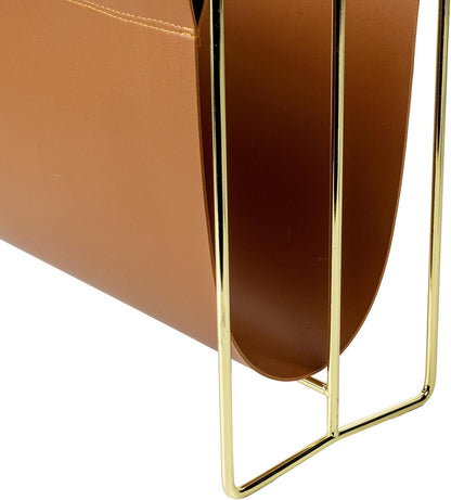 MyGift 15-Inch Modern Brown Leatherette & Brass Plated Metal Magazine Holder – Floor Standing Faux Leather Sling Style Newspaper Rack for Home, Bathroom, Office Decor