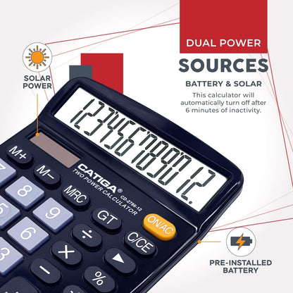 CATIGA Desktop Calculator (2 Pack) 12 Digit with Large LCD Display and Sensitive Button, Solar and Battery Dual Power, Standard Function for Office, Home, School, CD-2786 (2 Black)