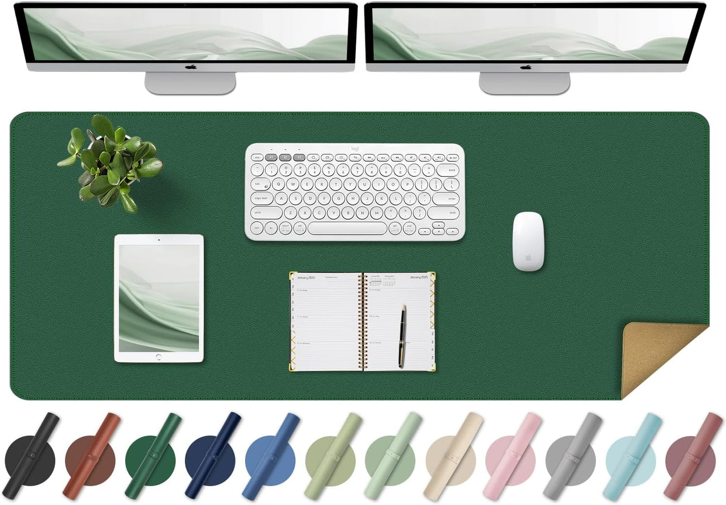 BLESWIN Large Desk Pad Mat 47.2"" x 17"", Office Desk Mat, Non-Slip PU Leather & Cork Desk Blotter for Keyboard and Mouse, Large Desk Mat, Large Mouse Pad for Office & Home(Dark Green)