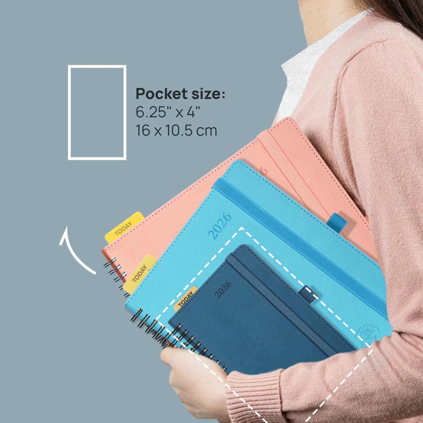 POPRUN Pocket 2026 Planner (Small Size- 4'' x 6.25'') Weekly and Monthly for Purse - Calendar 2026 (Jan. 2026 - Dec.2026) with Soft Cover, Plastic Ruler - Grey